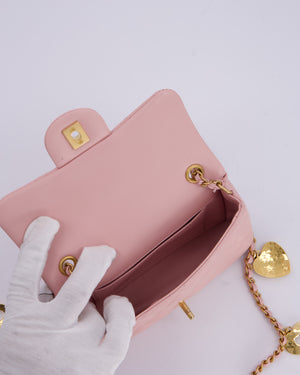 *HOT* Chanel 22B Light Pink Mini Flap Bag in Lambskin Leather with Brushed Gold Hardware and Hearts Charms Detail