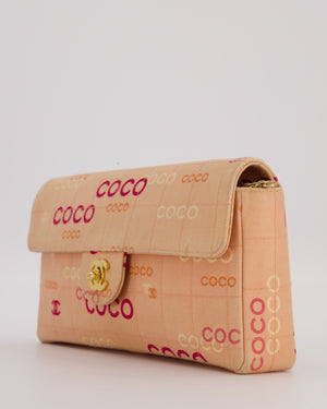 Chanel Vintage East West Chocolate Bar Flap Bag in Pink Canvas with Coco Logo Print and 24K Gold Hardware