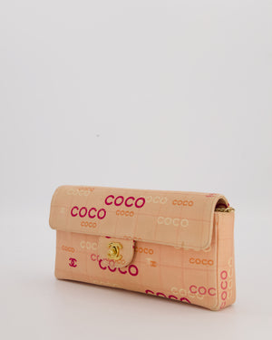 Chanel Vintage East West Chocolate Bar Flap Bag in Pink Canvas with Coco Logo Print and 24K Gold Hardware