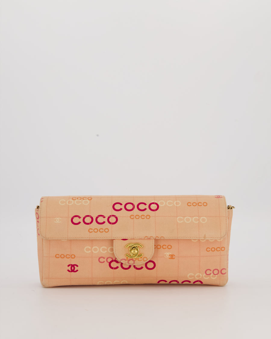 Chanel Vintage East West Chocolate Bar Flap Bag in Pink Canvas with Coco Logo Print and 24K Gold Hardware