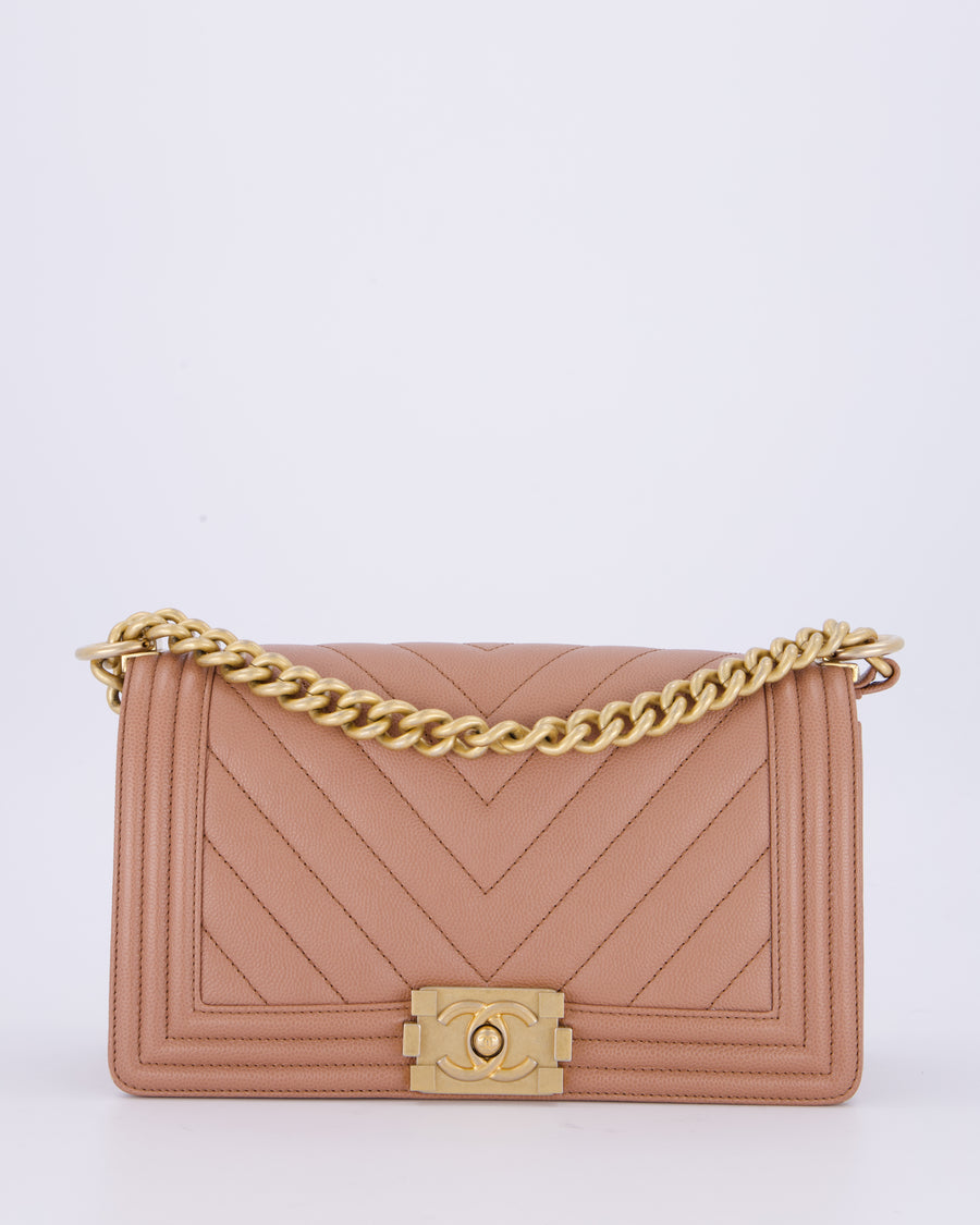 Chanel Nude Medium Boy Bag in Chevron Caviar Leather with Brushed Gold Hardware
