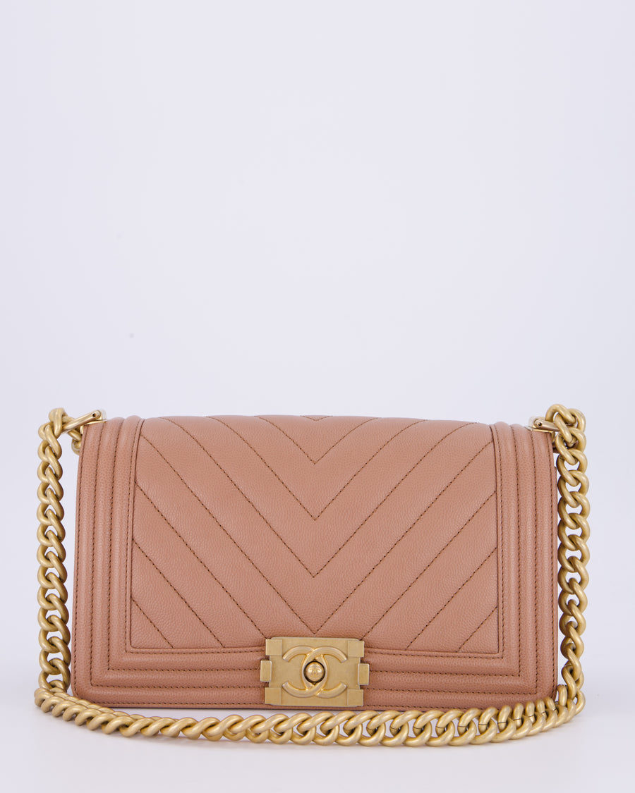 Chanel Nude Medium Boy Bag in Chevron Caviar Leather with Brushed Gold Hardware