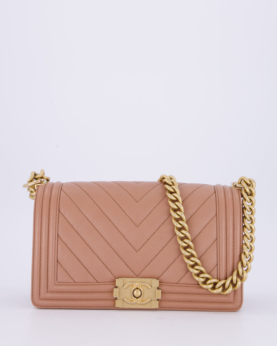 Chanel Nude Medium Boy Bag in Chevron Caviar Leather with Brushed Gold Hardware