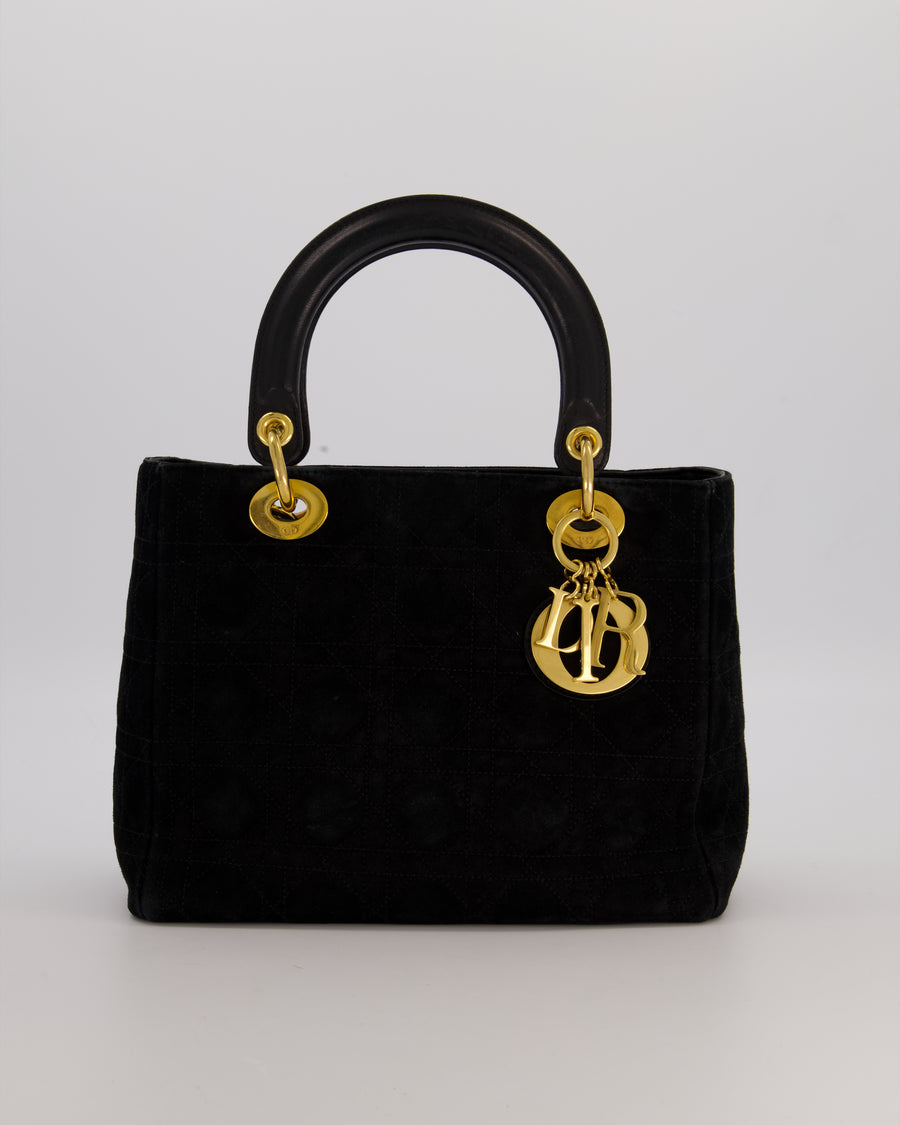 Christian Dior Black Vintage Suede Medium Lady Dior Bag with Gold Hardware