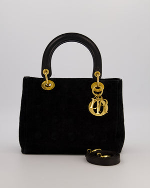 Christian Dior Black Vintage Suede Medium Lady Dior Bag with Gold Hardware