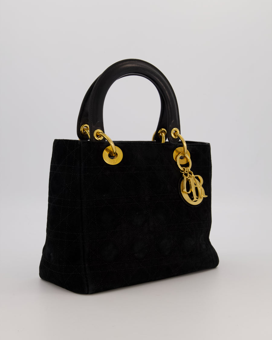 Christian Dior Black Vintage Suede Medium Lady Dior Bag with Gold Hardware