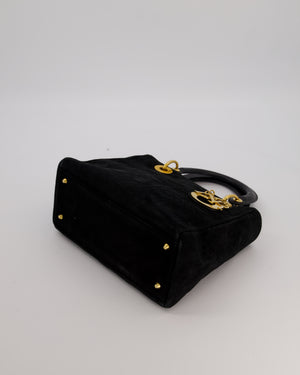 Christian Dior Black Vintage Suede Medium Lady Dior Bag with Gold Hardware