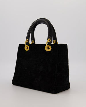 Christian Dior Black Vintage Suede Medium Lady Dior Bag with Gold Hardware