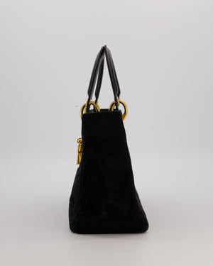Christian Dior Black Vintage Suede Medium Lady Dior Bag with Gold Hardware