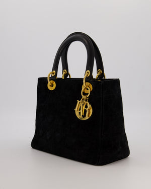 Christian Dior Black Vintage Suede Medium Lady Dior Bag with Gold Hardware