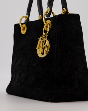 Christian Dior Black Vintage Suede Medium Lady Dior Bag with Gold Hardware