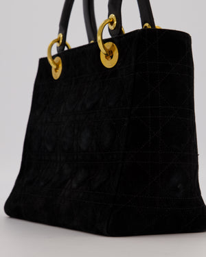Christian Dior Black Vintage Suede Medium Lady Dior Bag with Gold Hardware