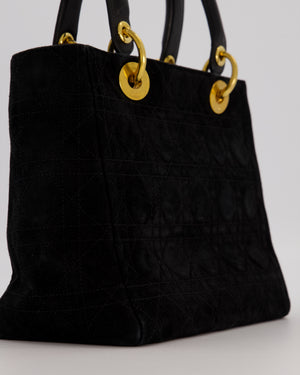 Christian Dior Black Vintage Suede Medium Lady Dior Bag with Gold Hardware