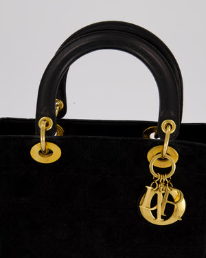 Christian Dior Black Vintage Suede Medium Lady Dior Bag with Gold Hardware