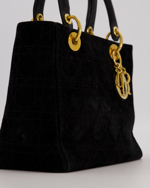 Christian Dior Black Vintage Suede Medium Lady Dior Bag with Gold Hardware
