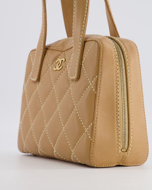 Chanel Vintage Wild Stitch Top Handle Bag in Beige Calfskin Leather with White Contrast Stitching and Brushed Gold Hardware