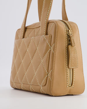 Chanel Vintage Wild Stitch Top Handle Bag in Beige Calfskin Leather with White Contrast Stitching and Brushed Gold Hardware