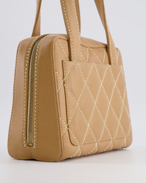 Chanel Vintage Wild Stitch Top Handle Bag in Beige Calfskin Leather with White Contrast Stitching and Brushed Gold Hardware