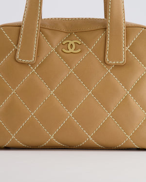 Chanel Vintage Wild Stitch Top Handle Bag in Beige Calfskin Leather with White Contrast Stitching and Brushed Gold Hardware