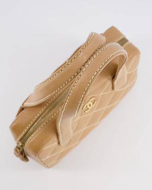 Chanel Vintage Wild Stitch Top Handle Bag in Beige Calfskin Leather with White Contrast Stitching and Brushed Gold Hardware