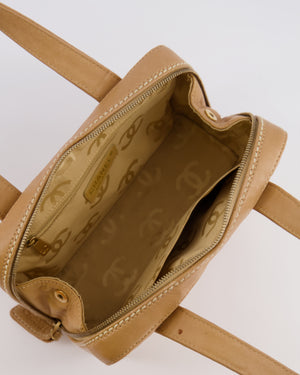 Chanel Vintage Wild Stitch Top Handle Bag in Beige Calfskin Leather with White Contrast Stitching and Brushed Gold Hardware