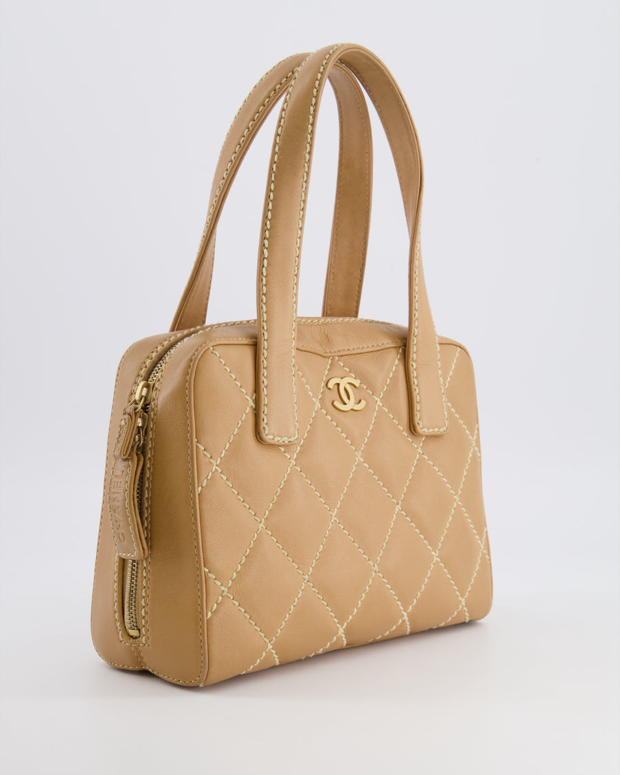 Chanel Vintage Wild Stitch Top Handle Bag in Beige Calfskin Leather with White Contrast Stitching and Brushed Gold Hardware