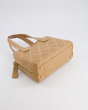 Chanel Vintage Wild Stitch Top Handle Bag in Beige Calfskin Leather with White Contrast Stitching and Brushed Gold Hardware