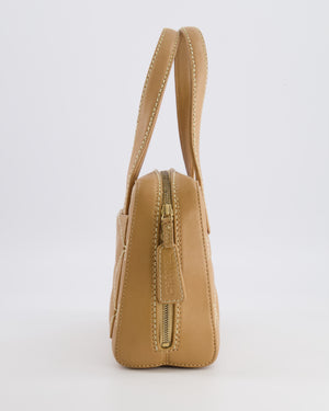 Chanel Vintage Wild Stitch Top Handle Bag in Beige Calfskin Leather with White Contrast Stitching and Brushed Gold Hardware