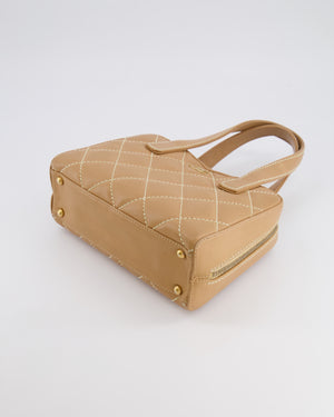 Chanel Vintage Wild Stitch Top Handle Bag in Beige Calfskin Leather with White Contrast Stitching and Brushed Gold Hardware