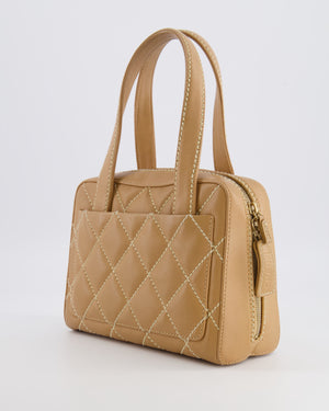Chanel Vintage Wild Stitch Top Handle Bag in Beige Calfskin Leather with White Contrast Stitching and Brushed Gold Hardware