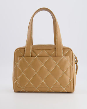 Chanel Vintage Wild Stitch Top Handle Bag in Beige Calfskin Leather with White Contrast Stitching and Brushed Gold Hardware