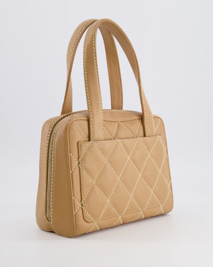 Chanel Vintage Wild Stitch Top Handle Bag in Beige Calfskin Leather with White Contrast Stitching and Brushed Gold Hardware