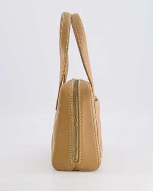 Chanel Vintage Wild Stitch Top Handle Bag in Beige Calfskin Leather with White Contrast Stitching and Brushed Gold Hardware