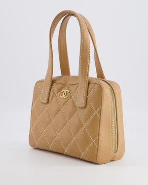 Chanel Vintage Wild Stitch Top Handle Bag in Beige Calfskin Leather with White Contrast Stitching and Brushed Gold Hardware