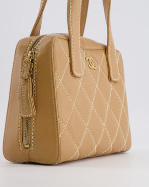 Chanel Vintage Wild Stitch Top Handle Bag in Beige Calfskin Leather with White Contrast Stitching and Brushed Gold Hardware