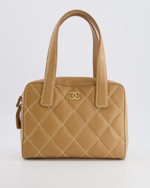 Chanel Vintage Wild Stitch Top Handle Bag in Beige Calfskin Leather with White Contrast Stitching and Brushed Gold Hardware