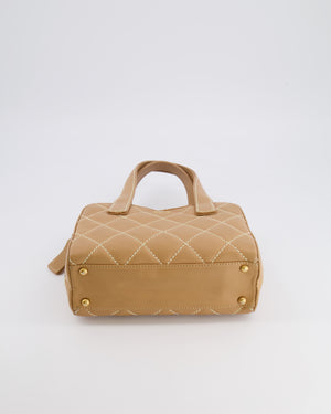 Chanel Vintage Wild Stitch Top Handle Bag in Beige Calfskin Leather with White Contrast Stitching and Brushed Gold Hardware
