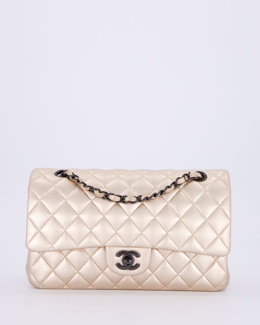 *RARE* Chanel Metallic Gold Medium Classic Double Flap Bag in Lambskin Leather with So Black Hardware&nbsp;