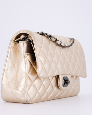 *RARE* Chanel Metallic Gold Medium Classic Double Flap Bag in Lambskin Leather with So Black Hardware&nbsp;