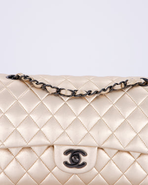 *RARE* Chanel Metallic Gold Medium Classic Double Flap Bag in Lambskin Leather with So Black Hardware&nbsp;