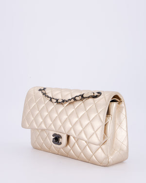*RARE* Chanel Metallic Gold Medium Classic Double Flap Bag in Lambskin Leather with So Black Hardware&nbsp;