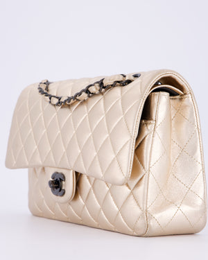 *RARE* Chanel Metallic Gold Medium Classic Double Flap Bag in Lambskin Leather with So Black Hardware&nbsp;