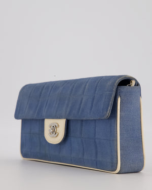 Chanel Vintage East West Chocolate Bar Flap Bag in Denim Blue Canvas with White Trim Patent Leather and Silver Hardware