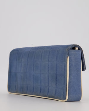 Chanel Vintage East West Chocolate Bar Flap Bag in Denim Blue Canvas with White Trim Patent Leather and Silver Hardware