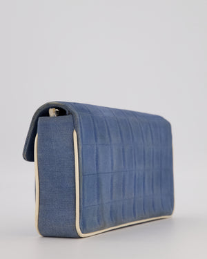 Chanel Vintage East West Chocolate Bar Flap Bag in Denim Blue Canvas with White Trim Patent Leather and Silver Hardware