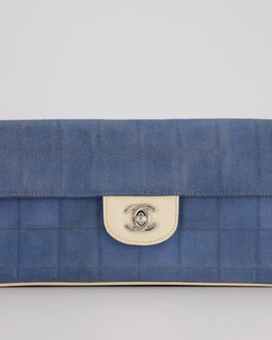 Chanel Vintage East West Chocolate Bar Flap Bag in Denim Blue Canvas with White Trim Patent Leather and Silver Hardware
