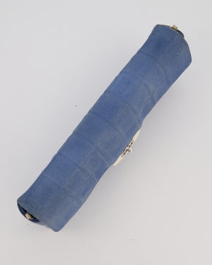 Chanel Vintage East West Chocolate Bar Flap Bag in Denim Blue Canvas with White Trim Patent Leather and Silver Hardware
