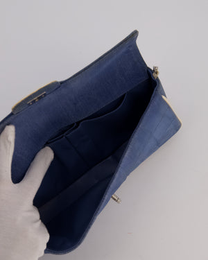 Chanel Vintage East West Chocolate Bar Flap Bag in Denim Blue Canvas with White Trim Patent Leather and Silver Hardware
