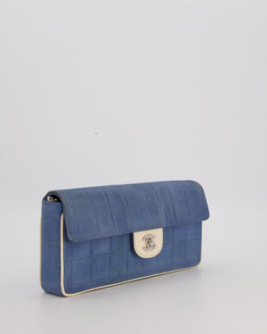 Chanel Vintage East West Chocolate Bar Flap Bag in Denim Blue Canvas with White Trim Patent Leather and Silver Hardware