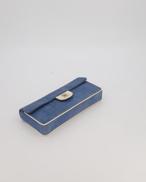 Chanel Vintage East West Chocolate Bar Flap Bag in Denim Blue Canvas with White Trim Patent Leather and Silver Hardware